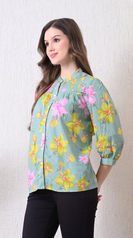 Sage Green Pure Cotton Casual Relaxed Fit 3/4Th Sleeves Top For Women