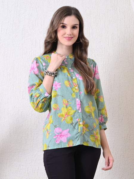 Sage Green Pure Cotton Casual Relaxed Fit 3/4Th Sleeves Top For Women