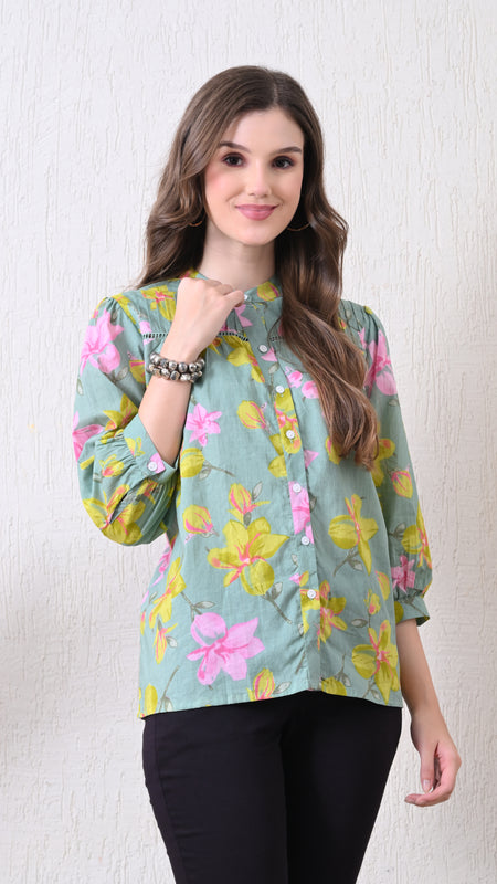 Sage Green Pure Cotton Casual Relaxed Fit 3/4Th Sleeves Top For Women