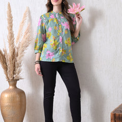 Sage Green Pure Cotton Casual Relaxed Fit 3/4Th Sleeves Top For Women