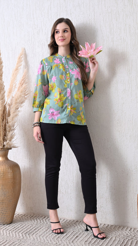 Sage Green Pure Cotton Casual Relaxed Fit 3/4Th Sleeves Top For Women