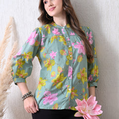 Sage Green Pure Cotton Casual Relaxed Fit 3/4Th Sleeves Top For Women