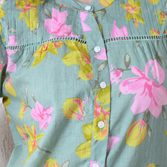 Sage Green Pure Cotton Casual Relaxed Fit 3/4Th Sleeves Top For Women