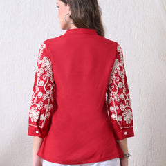 Maroon Premium Rayon Casual A-Line Top With Embroidered 3/4th Sleeves