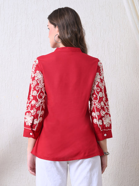 Maroon Premium Rayon Casual A-Line Top With Embroidered 3/4th Sleeves