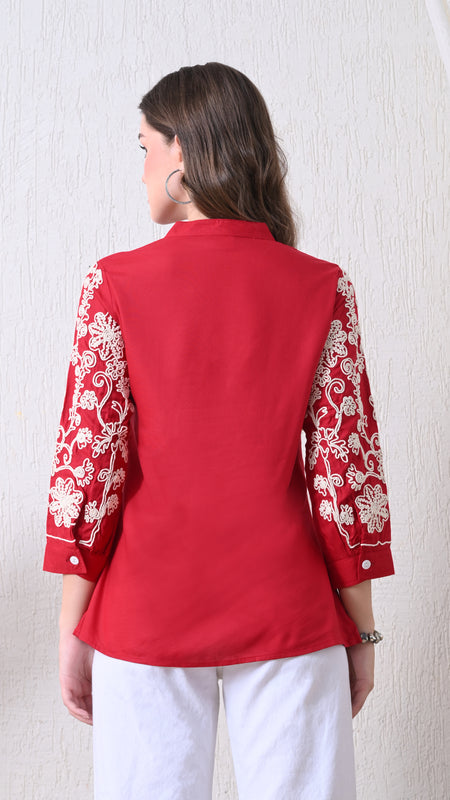 Maroon Premium Rayon Casual A-Line Top With Embroidered 3/4th Sleeves