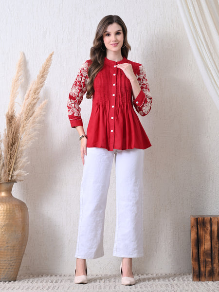 Maroon Premium Rayon Casual A-Line Top With Embroidered 3/4th Sleeves