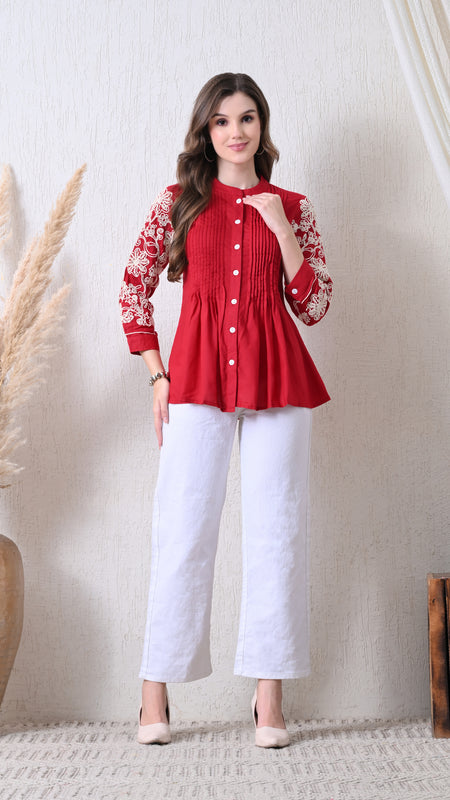 Maroon Premium Rayon Casual A-Line Top With Embroidered 3/4th Sleeves