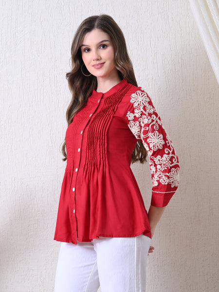 Maroon Premium Rayon Casual A-Line Top With Embroidered 3/4th Sleeves