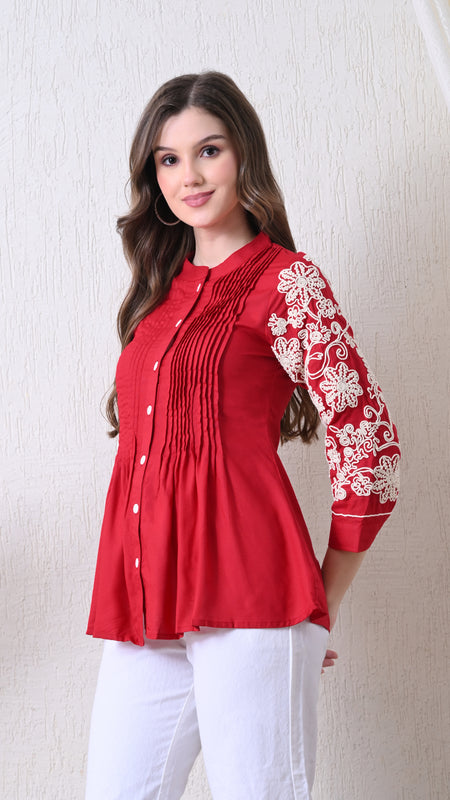 Maroon Premium Rayon Casual A-Line Top With Embroidered 3/4th Sleeves