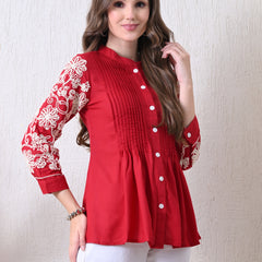 Maroon Premium Rayon Casual A-Line Top With Embroidered 3/4th Sleeves