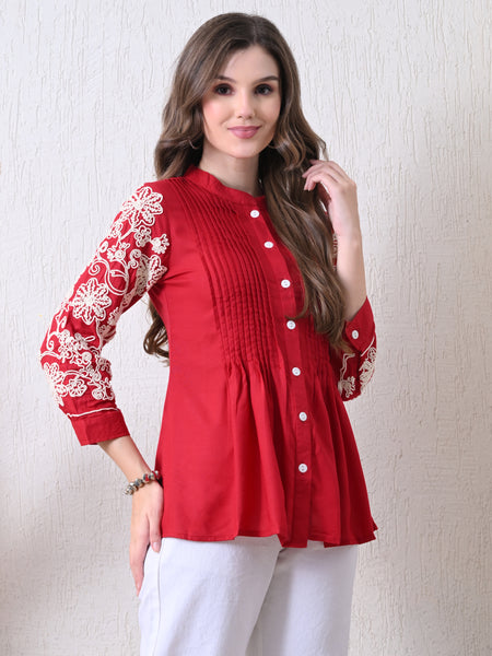 Maroon Premium Rayon Casual A-Line Top With Embroidered 3/4th Sleeves