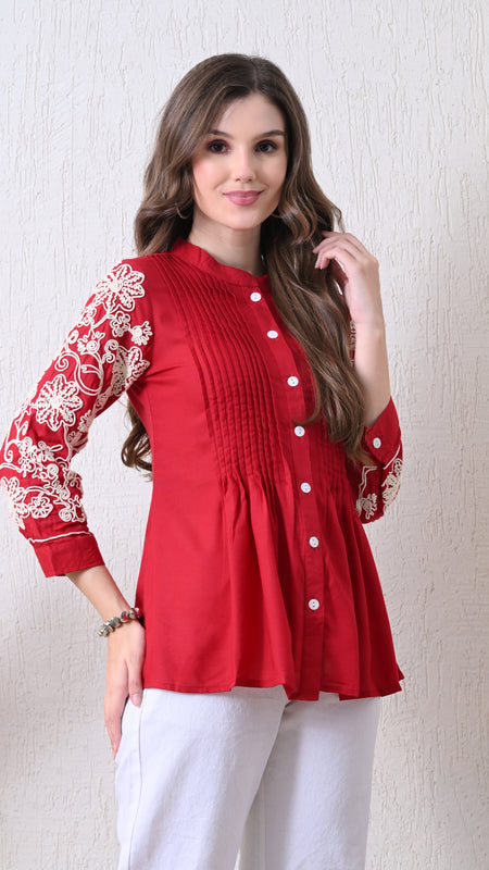 Maroon Premium Rayon Casual A-Line Top With Embroidered 3/4th Sleeves
