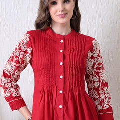 Maroon Premium Rayon Casual A-Line Top With Embroidered 3/4th Sleeves