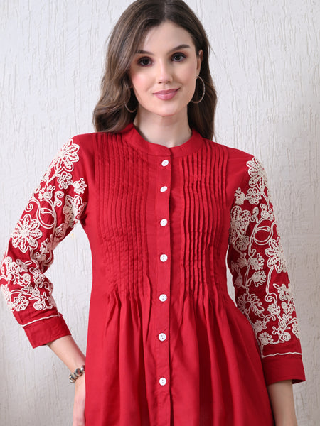 Maroon Premium Rayon Casual A-Line Top With Embroidered 3/4th Sleeves