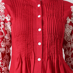 Maroon Premium Rayon Casual A-Line Top With Embroidered 3/4th Sleeves