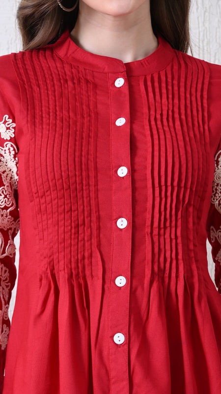 Maroon Premium Rayon Casual A-Line Top With Embroidered 3/4th Sleeves