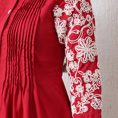 Maroon Premium Rayon Casual A-Line Top With Embroidered 3/4th Sleeves