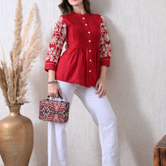 Maroon Premium Rayon Casual A-Line Top With Embroidered 3/4th Sleeves