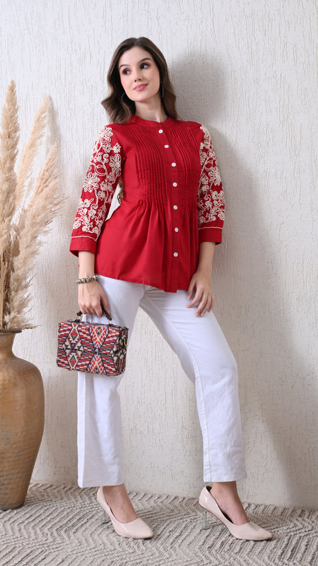 Maroon Premium Rayon Casual A-Line Top With Embroidered 3/4th Sleeves