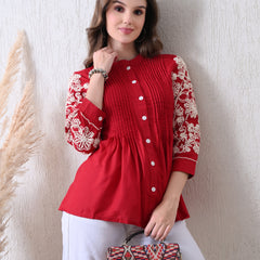 Maroon Premium Rayon Casual A-Line Top With Embroidered 3/4th Sleeves