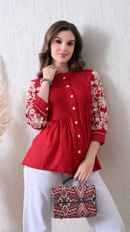 Maroon Premium Rayon Casual A-Line Top With Embroidered 3/4th Sleeves