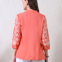 Peach Premium Rayon Casual A-Line Top With Embroidered 3/4th Sleeves
