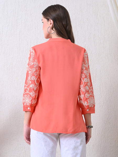 Peach Premium Rayon Casual A-Line Top With Embroidered 3/4th Sleeves
