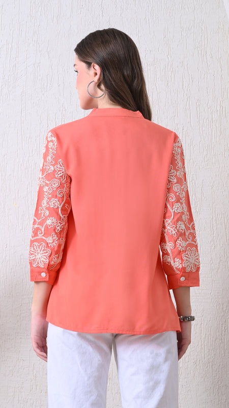 Peach Premium Rayon Casual A-Line Top With Embroidered 3/4th Sleeves