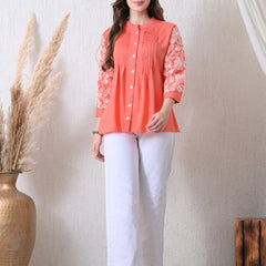 Peach Premium Rayon Casual A-Line Top With Embroidered 3/4th Sleeves