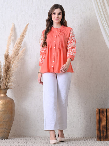 Peach Premium Rayon Casual A-Line Top With Embroidered 3/4th Sleeves