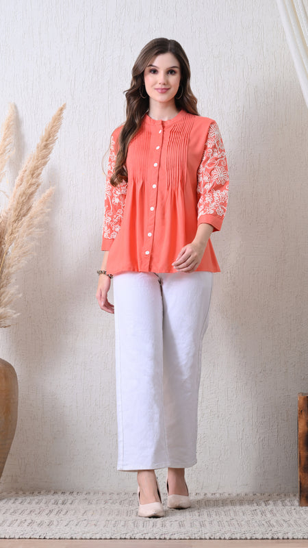 Peach Premium Rayon Casual A-Line Top With Embroidered 3/4th Sleeves