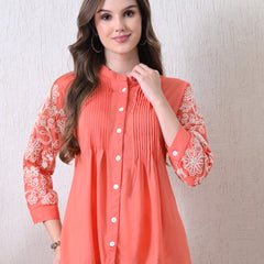 Peach Premium Rayon Casual A-Line Top With Embroidered 3/4th Sleeves