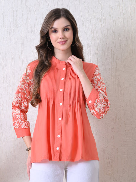 Peach Premium Rayon Casual A-Line Top With Embroidered 3/4th Sleeves