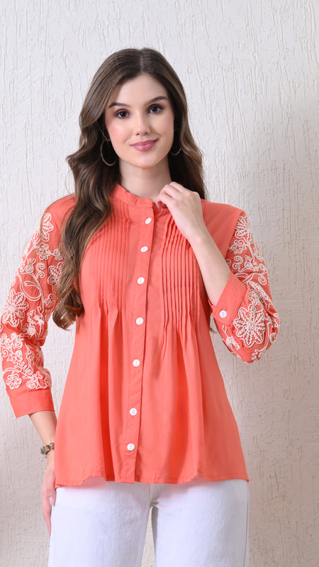 Peach Premium Rayon Casual A-Line Top With Embroidered 3/4th Sleeves