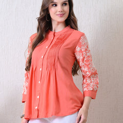 Peach Premium Rayon Casual A-Line Top With Embroidered 3/4th Sleeves