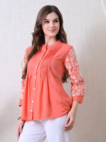 Peach Premium Rayon Casual A-Line Top With Embroidered 3/4th Sleeves