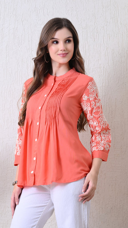 Peach Premium Rayon Casual A-Line Top With Embroidered 3/4th Sleeves