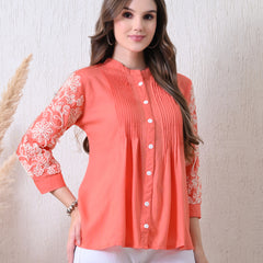 Peach Premium Rayon Casual A-Line Top With Embroidered 3/4th Sleeves