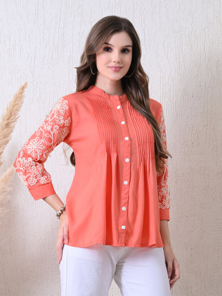 Peach Premium Rayon Casual A-Line Top With Embroidered 3/4th Sleeves