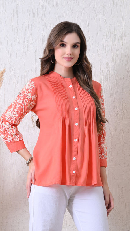Peach Premium Rayon Casual A-Line Top With Embroidered 3/4th Sleeves