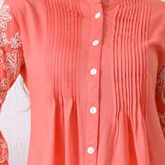 Peach Premium Rayon Casual A-Line Top With Embroidered 3/4th Sleeves