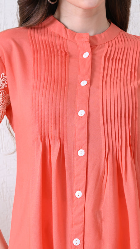 Peach Premium Rayon Casual A-Line Top With Embroidered 3/4th Sleeves