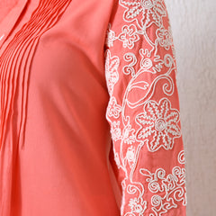 Peach Premium Rayon Casual A-Line Top With Embroidered 3/4th Sleeves