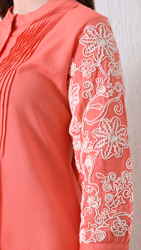 Peach Premium Rayon Casual A-Line Top With Embroidered 3/4th Sleeves