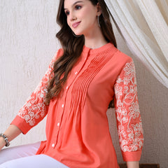 Peach Premium Rayon Casual A-Line Top With Embroidered 3/4th Sleeves