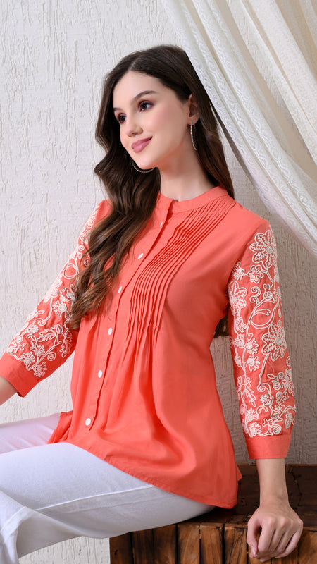 Peach Premium Rayon Casual A-Line Top With Embroidered 3/4th Sleeves
