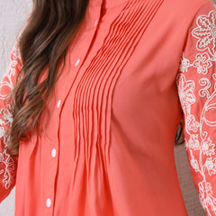 Peach Premium Rayon Casual A-Line Top With Embroidered 3/4th Sleeves