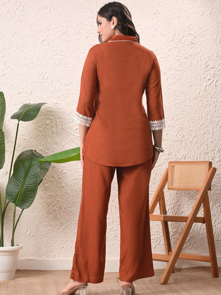 Rust Teen Phool Embroidered Cord-set