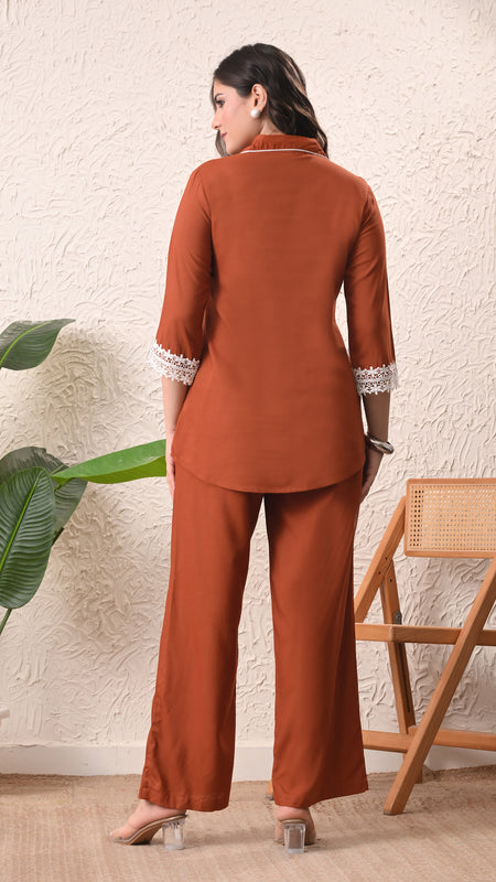 Rust Teen Phool Embroidered Cord-set